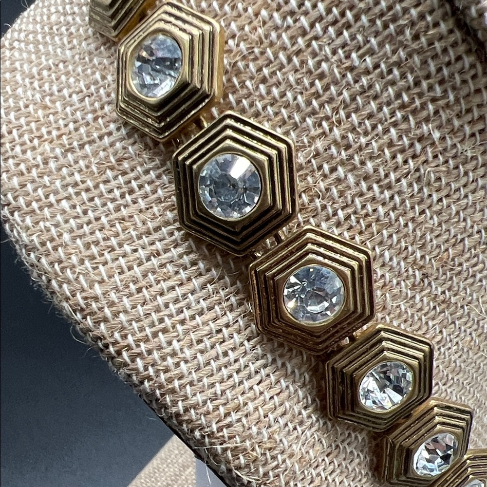 J. Crew Vintage Gold Tone Rivoli Rhinestone Hexagon Necklace 1990s - Picture 7 of 9